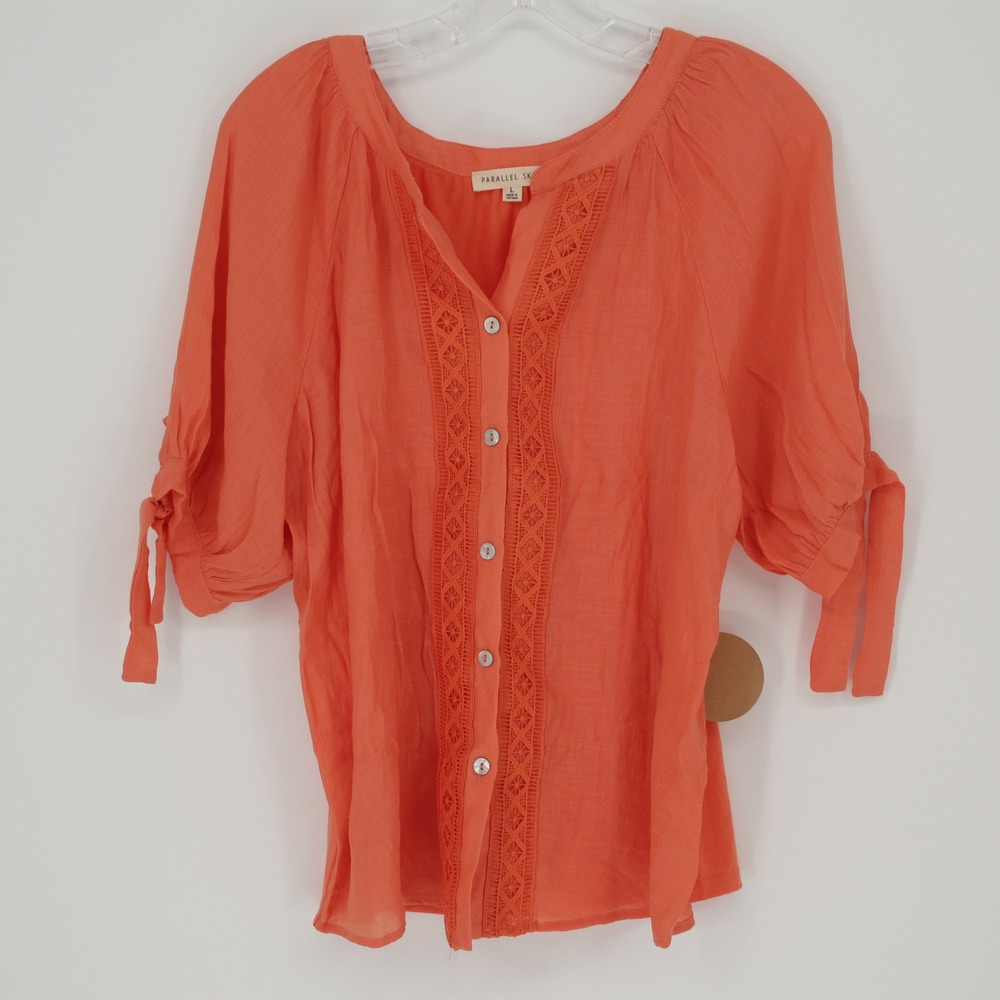 Parallel Skies NWT Women's Orange Lace Trim Button Front Boho Blouse Size L